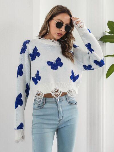 Distressed Butterfly Cropped Sweater