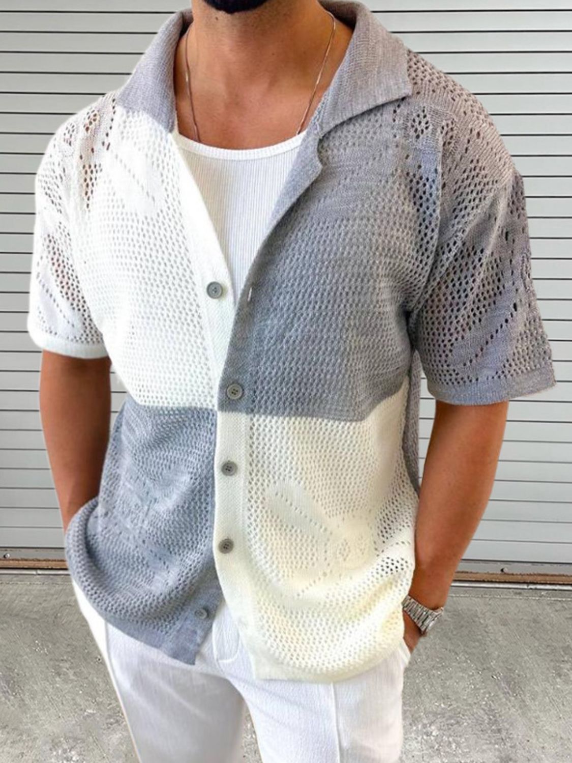 Men's Contrast Button Down Hollow Out Shirt - Clothes For Her Online Store