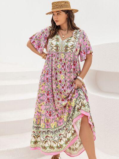 Plus Size Floral Tie Neck Flutter Sleeve Maxi Dress