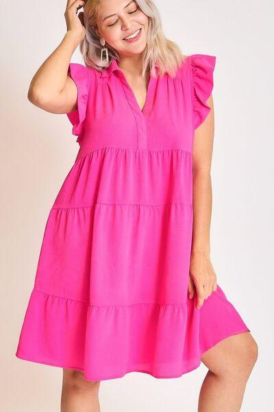 Umgee Full Size Johnny Collar Ruffle Cap Sleeve Tiered Dress Plus Size