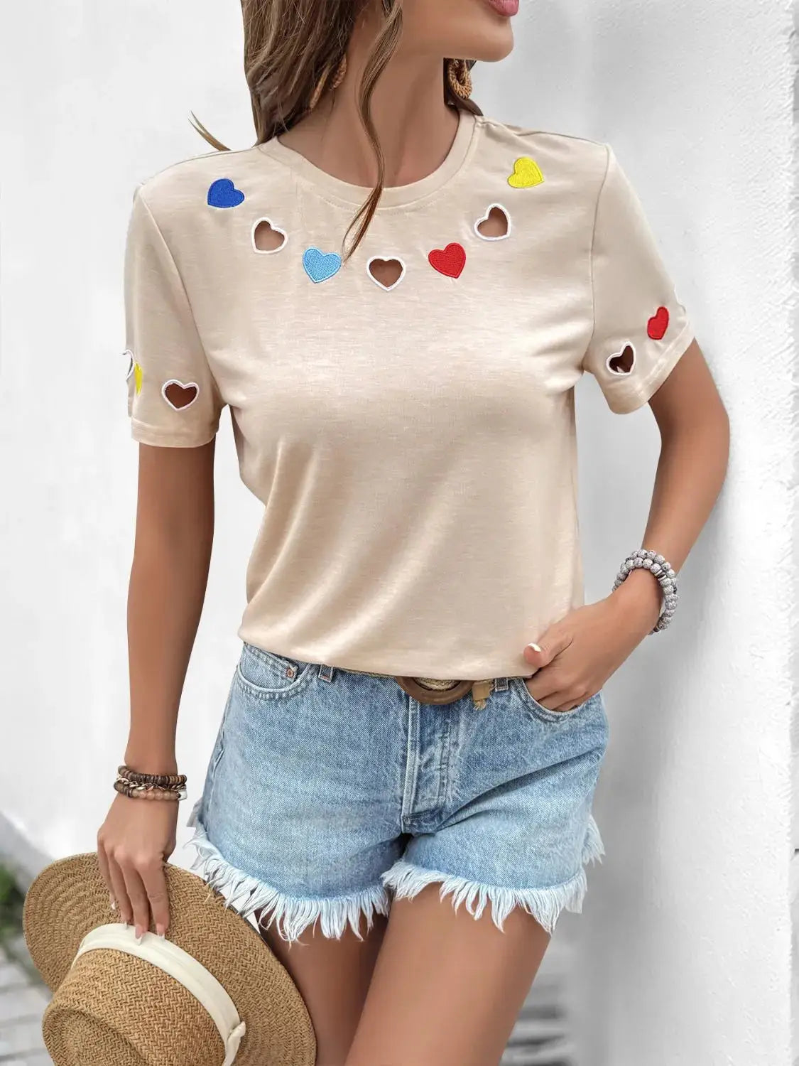 Heart Round Neck Short Sleeve T-Shirt - Clothes For Her Online Store