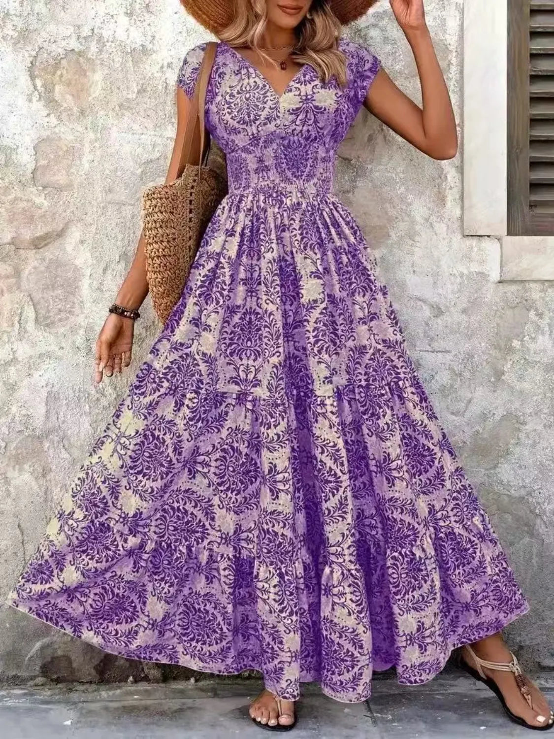 Vintage Floral Cap Sleeve Maxi Dress