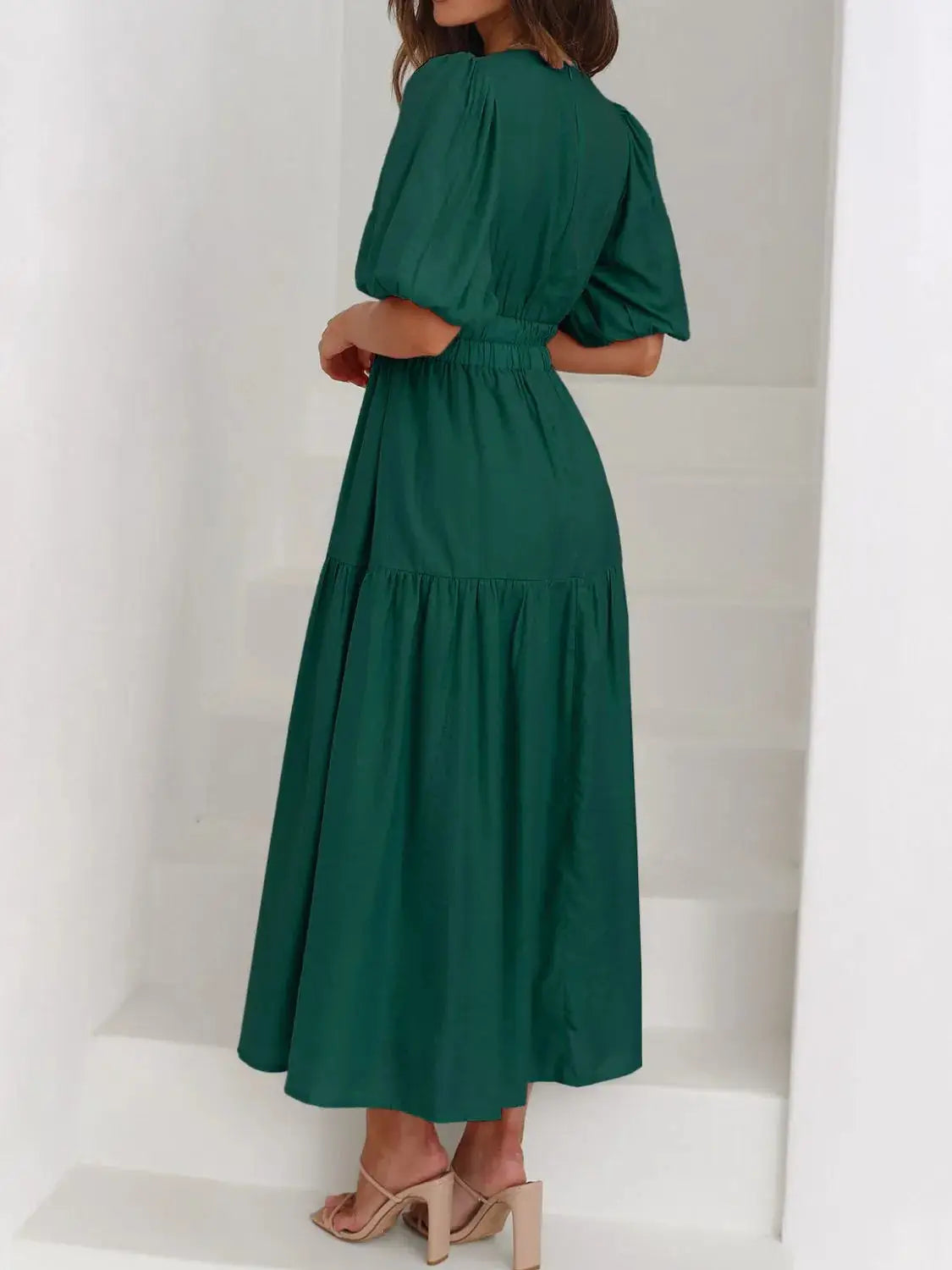 V-Neck Puff Sleeve Midi Dress - Clothes For Her Online Store