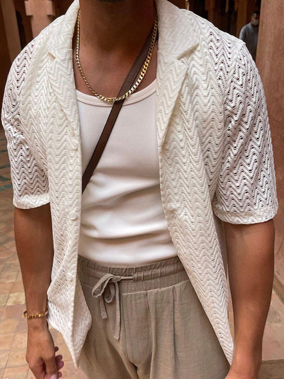Men's Plus Size Herringbone Eyelet Button Down Knit Shirt - Clothes For Her Online Store