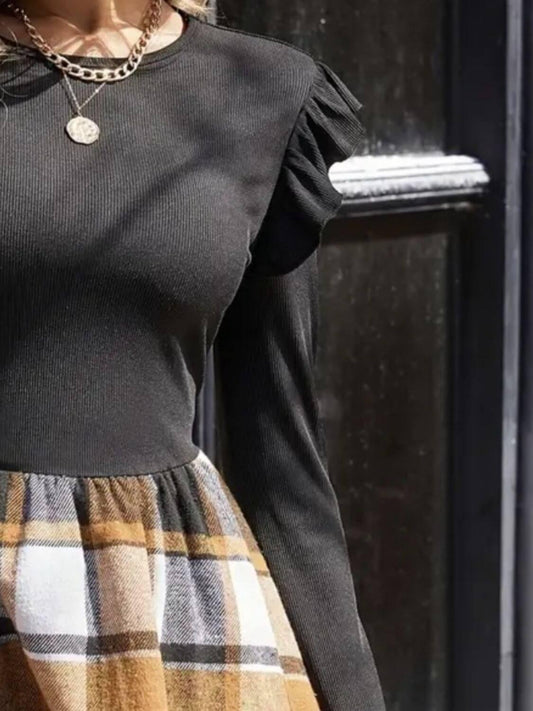 Ruffled Plaid Round Neck Long Sleeve Mini Dress - Clothes For Her Online Store