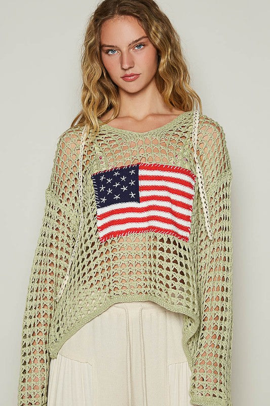 POL US Flag Hollow Out Long Sleeve Knit Cover Up