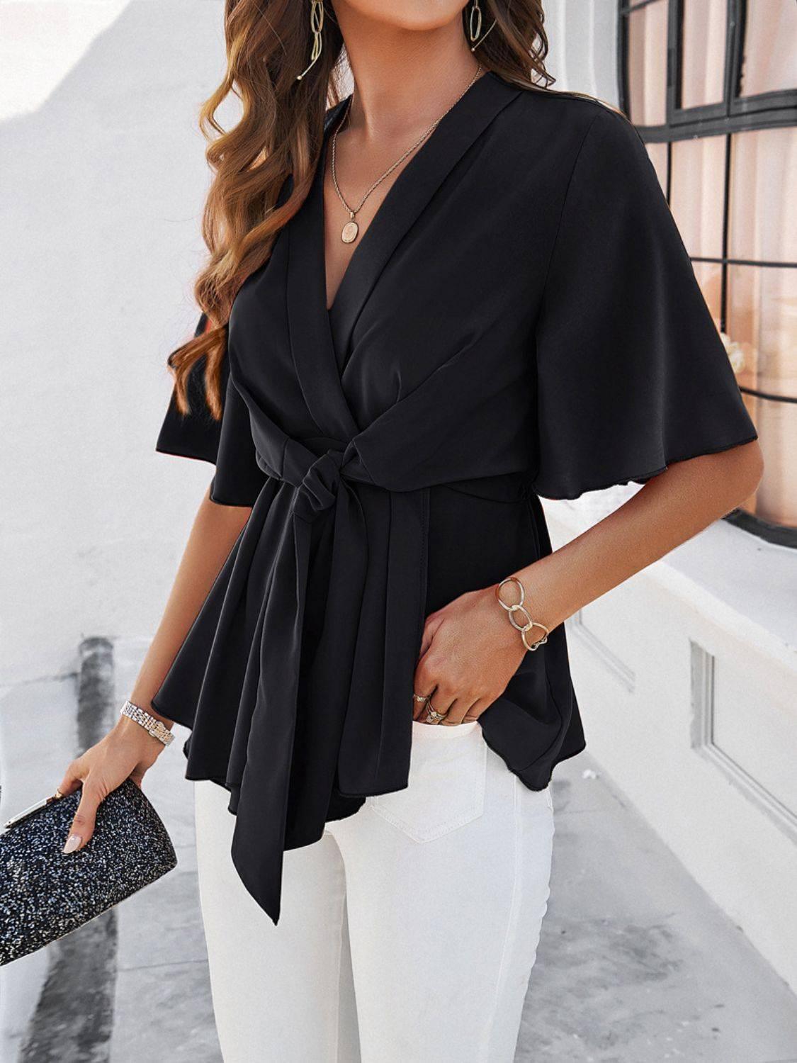 Devine Tied Front Peplum Blouse