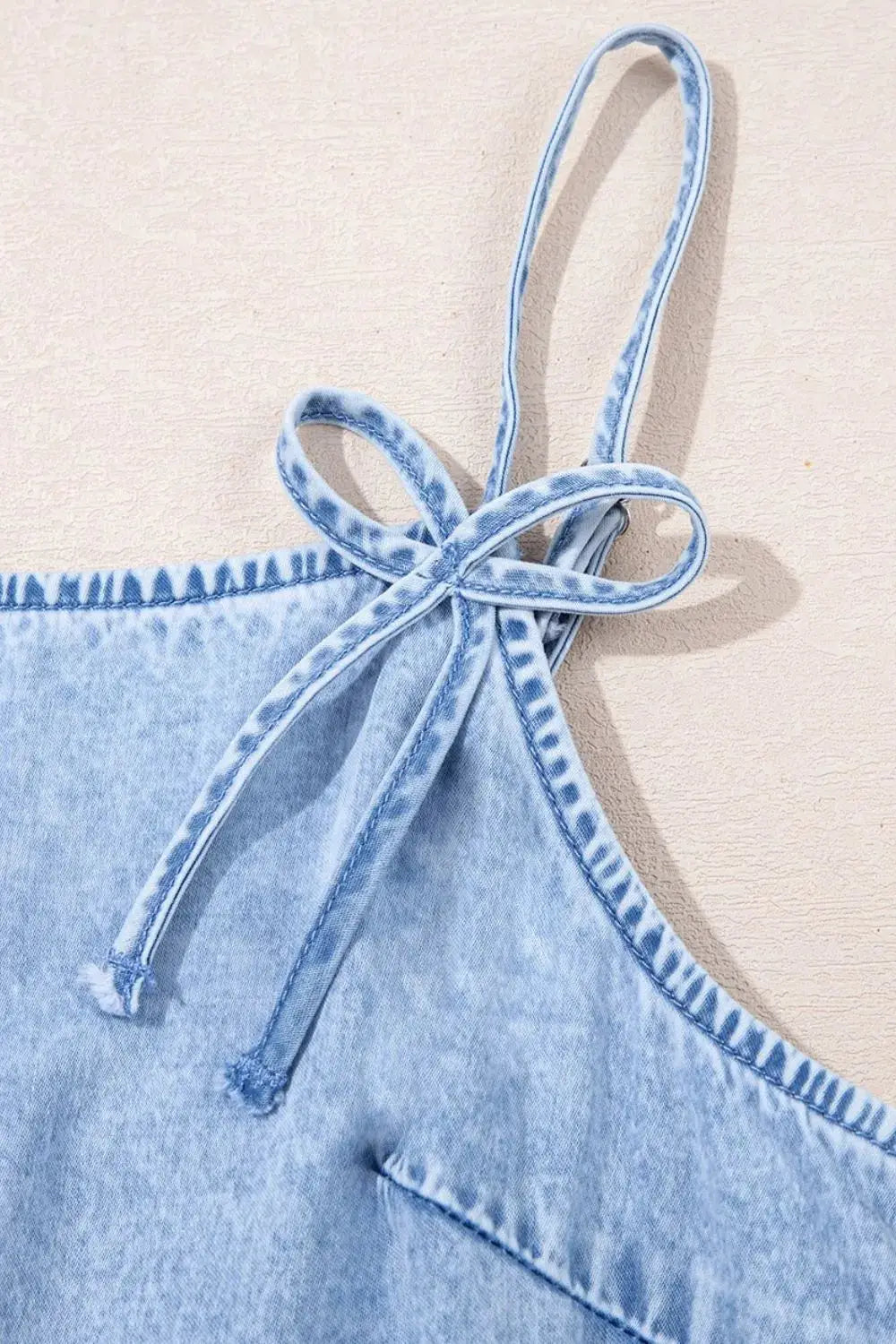 Bow Detail Spaghetti Straps Ruffle Hem Denim Dress - Clothes For Her Online Store