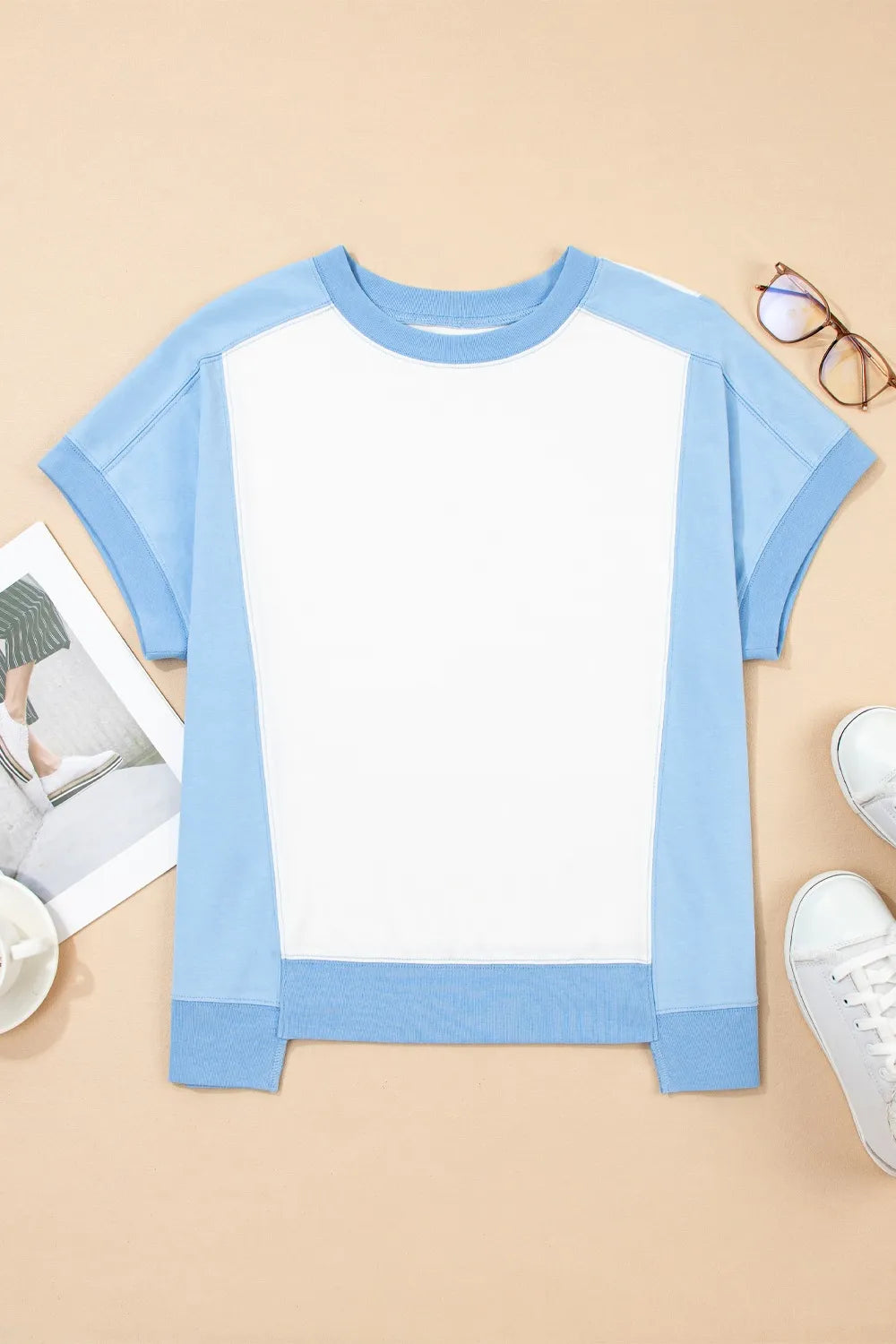 Color Block Exposed Seam Crew Neck T Shirt