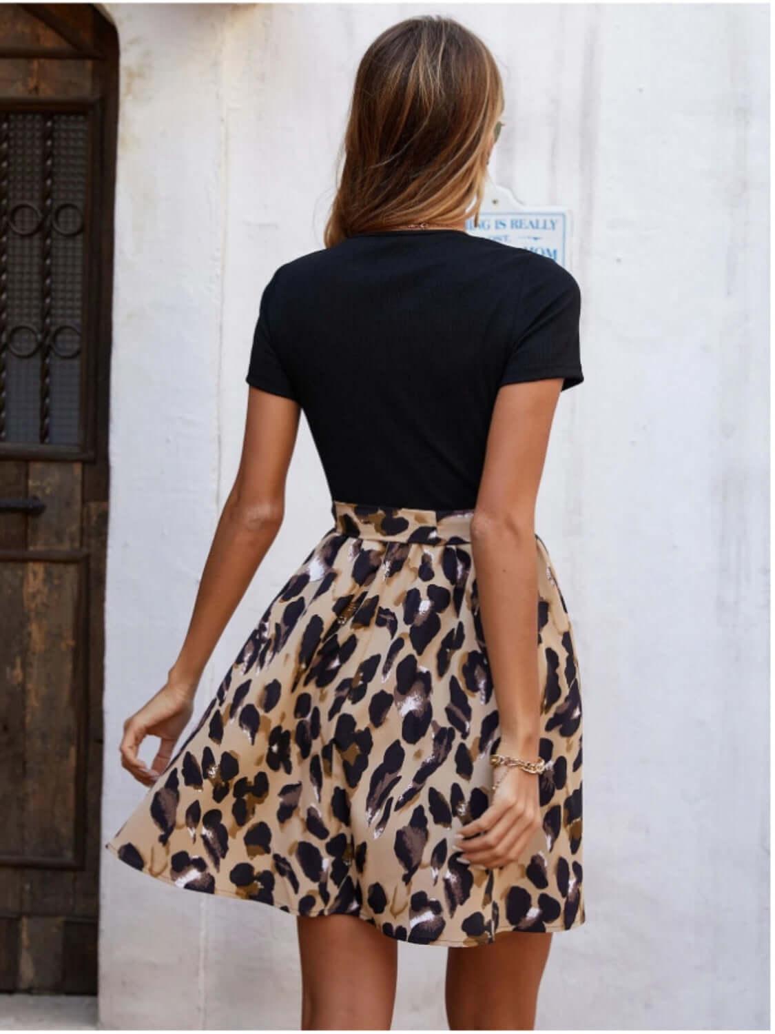 Tied Front Contrast Leopard Short Sleeve Mini Dress