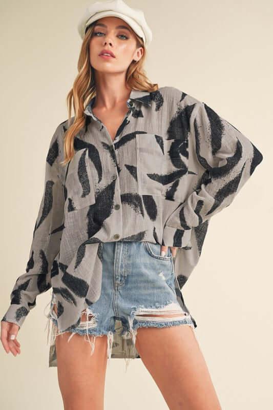 Aemi + Co High-Low Printed Button Up Long Sleeve Shirt