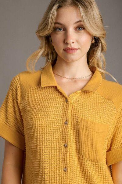 Umgee Full Size Waffle-Knit Short Sleeve Button Down Shirt Plus Size - Clothes For Her Online Store