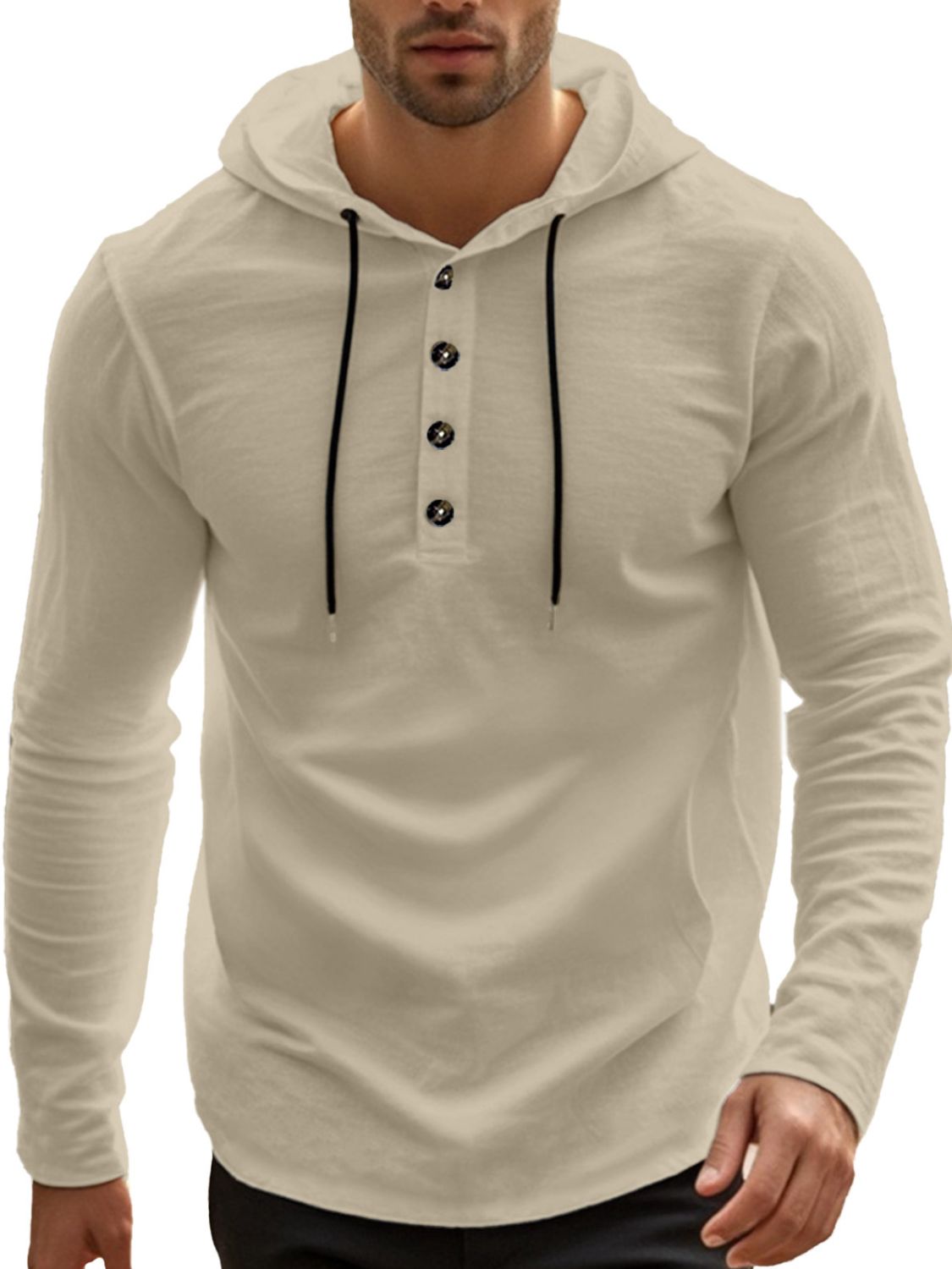 Men's Full Size Drawstring Button Detail Long Sleeve Hoodie Plus Size - Clothes For Her Online Store