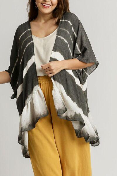 Umgee Full Size Tie Dye Back String Tie Open Front Kimono Sleeve Cover Up Plus Size