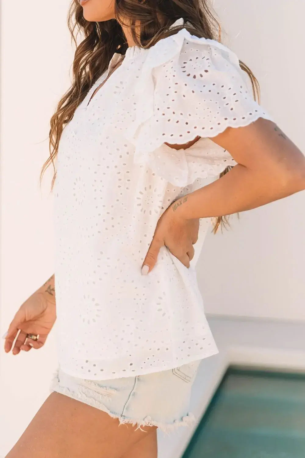 Eyelet Notched Short Sleeve Blouse