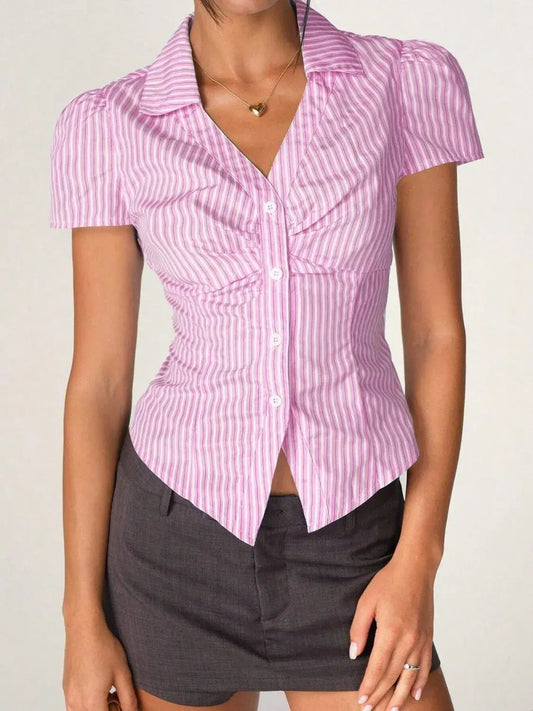 Striped Collared Neck Short Sleeve Shirt