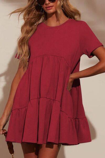 Tiered Round Neck Short Sleeve Mini Dress - Clothes For Her Online Store