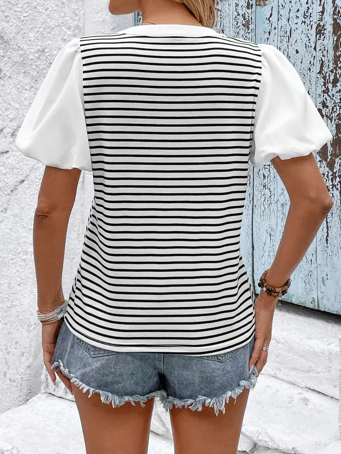 Striped Notched Short Sleeve T-Shirt - Clothes For Her Online Store