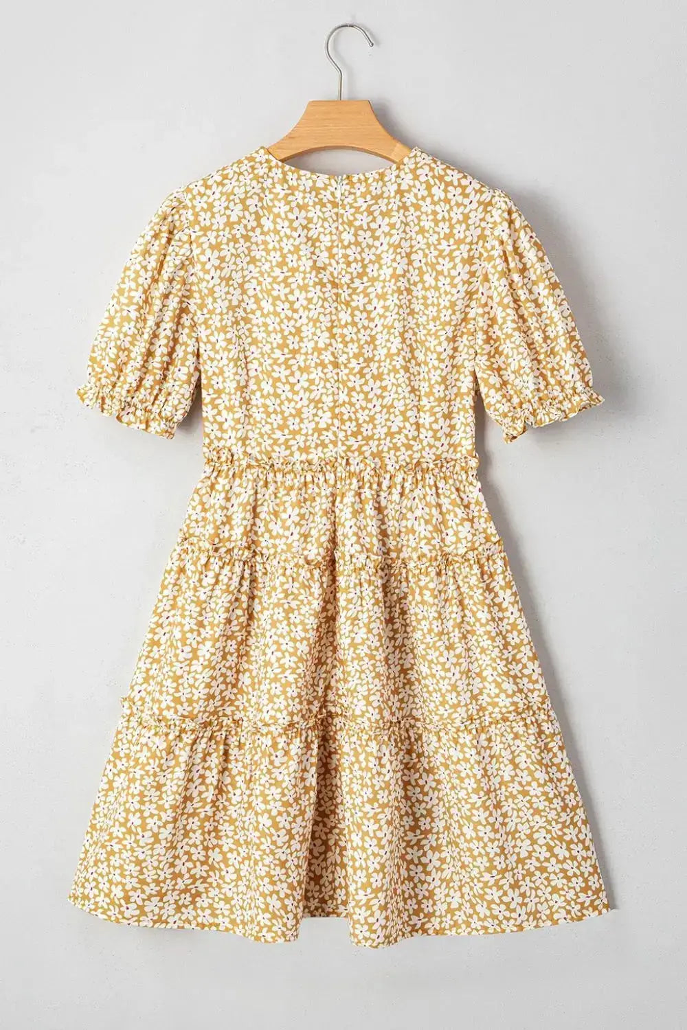Floral Short Sleeve Surplice Frilly Tiered Mini Dress