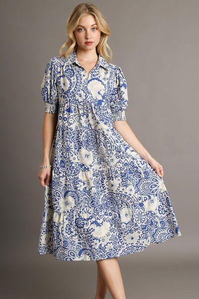 Umgee Full Size Printed Smocked Cuff Puff Sleeve Midi Dress Plus Size