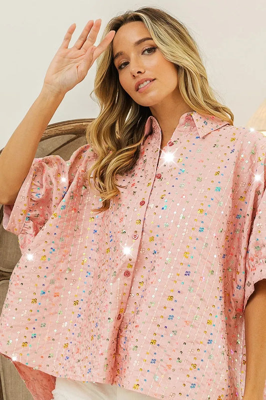 BiBi Sequin Striped Short Dolman Sleeve Blouse