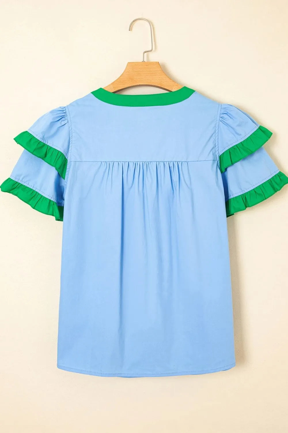 Contrast Notched Neck Frilly Detail Short Sleeve Blouse