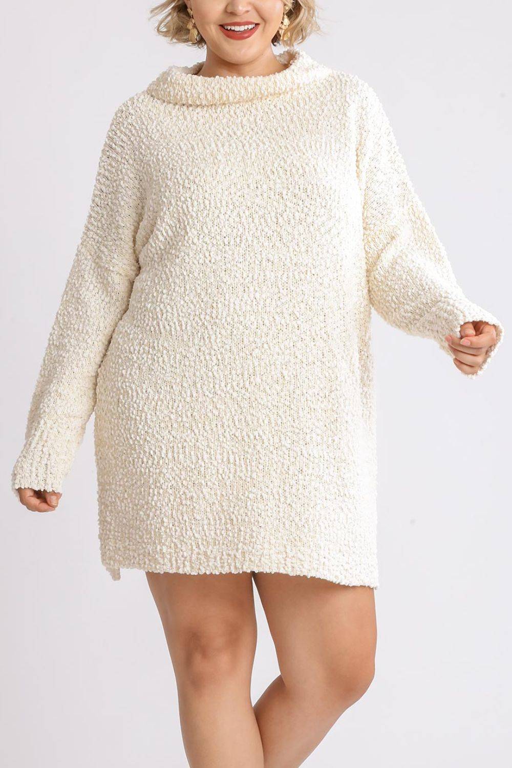 Umgee Full Size High Low Long Sleeve Boucle Sweater Dress Plus Size - Clothes For Her Online Store