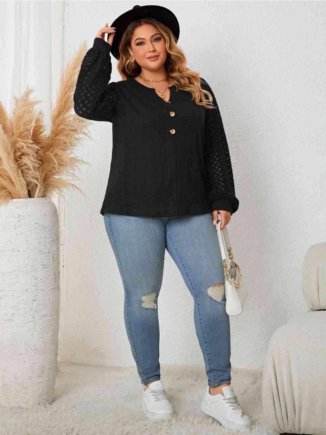 Honey Plus Size Openwork Notched Button Front Blouse - Clothes For Her Online Store
