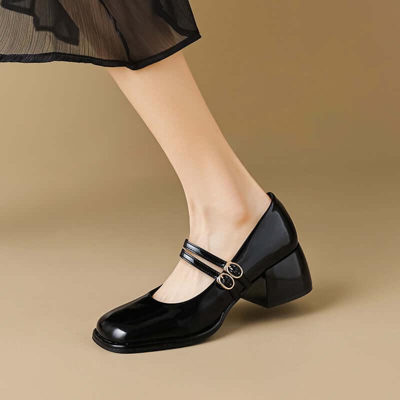 Double Buckle Strap Square Toe Mary Jane Heels - Clothes For Her Online Store