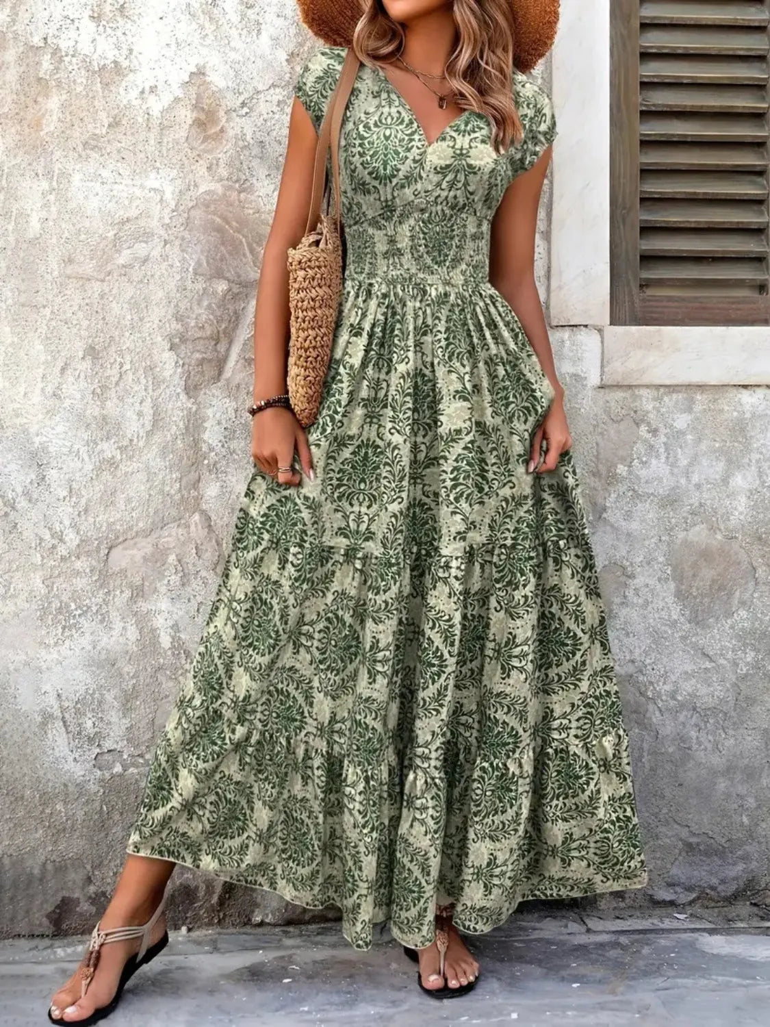 Vintage Floral Cap Sleeve Maxi Dress