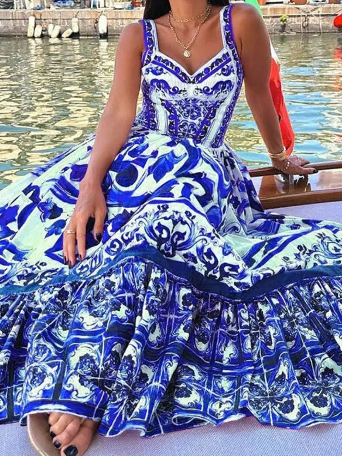 Smocked Printed Wide Strap Dress