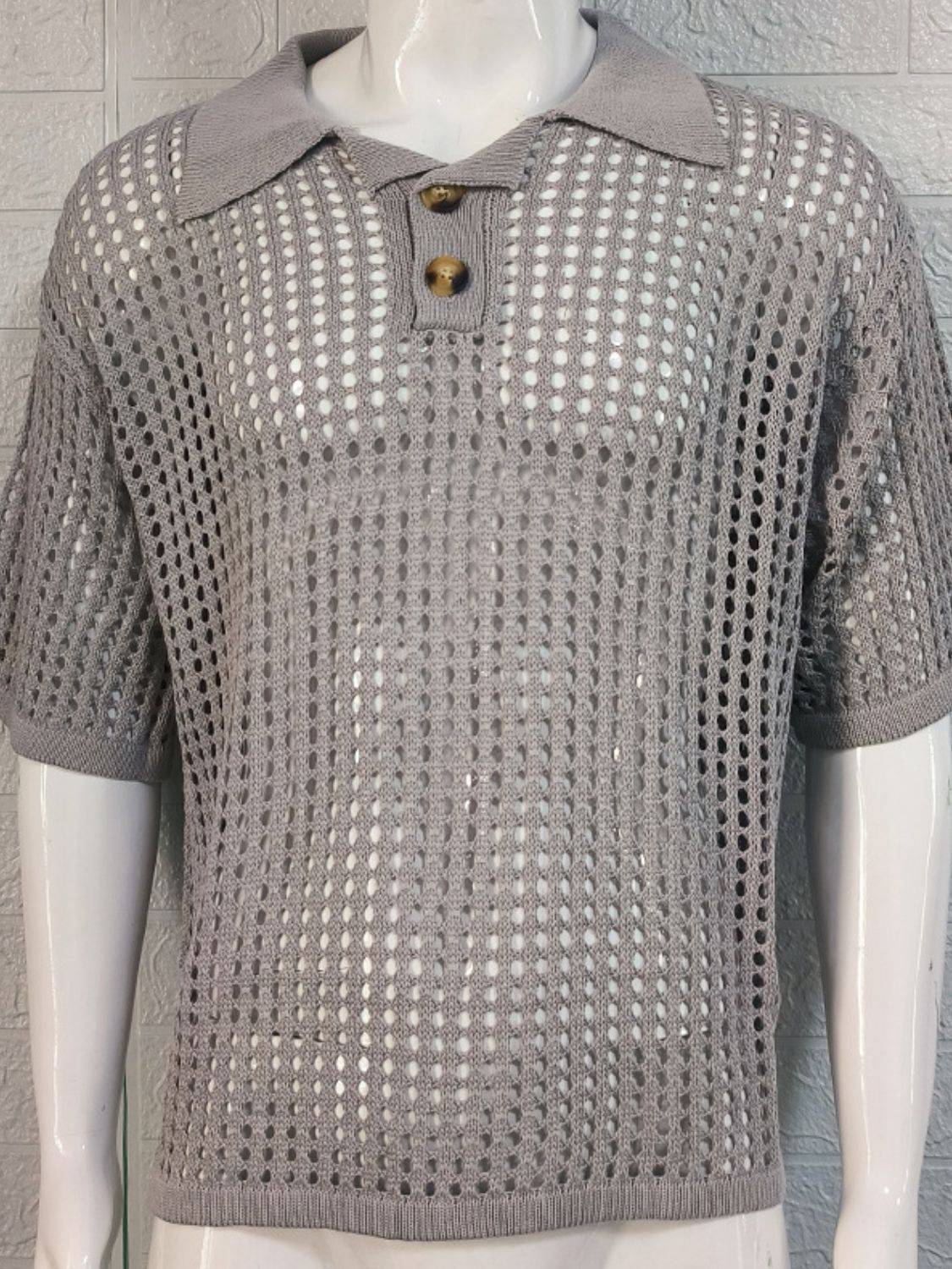 Men's Plus Size Openwork Collared Neck Quarter Button Knit Polo