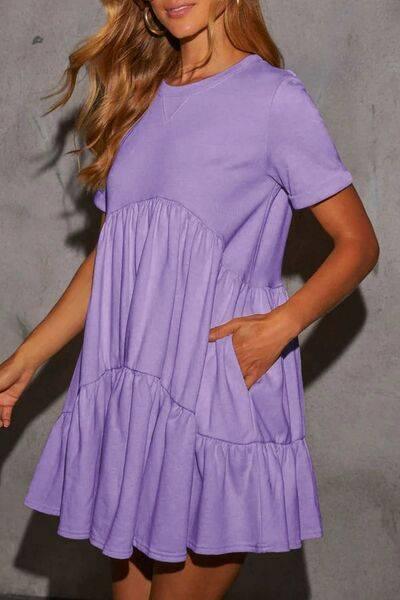 Tiered Round Neck Short Sleeve Mini Dress - Clothes For Her Online Store