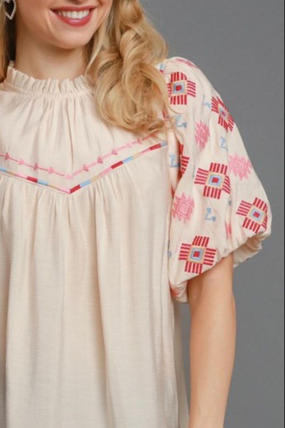 Umgee Full Size Embroidered Puff Sleeve Mock Neck Top Plus Size