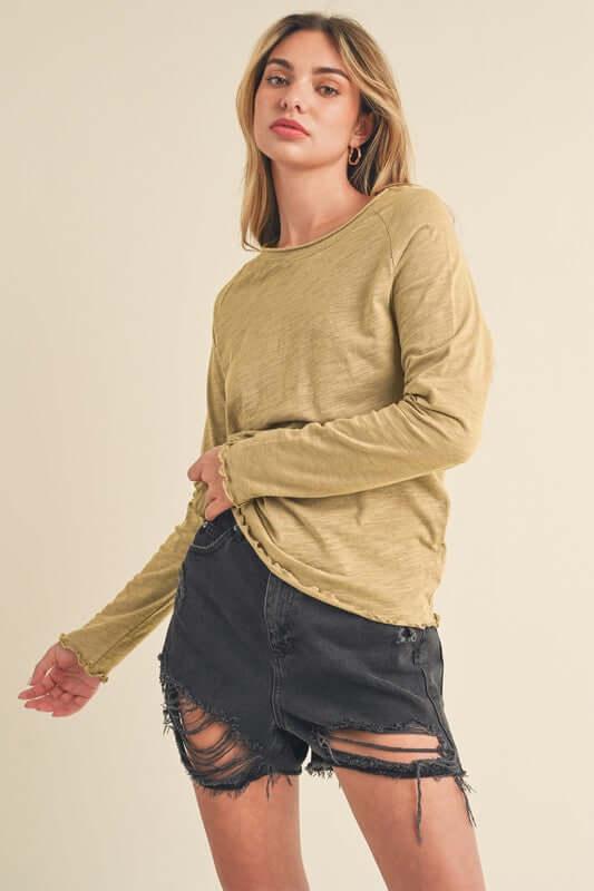 Aemi + Co Lettuce Hemline Round Neck Raglan Sleeve T-Shirt - Clothes For Her Online Store