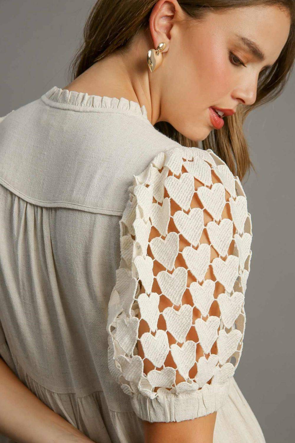 Umgee Full Size Ruffled Hem Heart Lace Sleeve Tie Neck Dress Plus Size - Clothes For Her Online Store