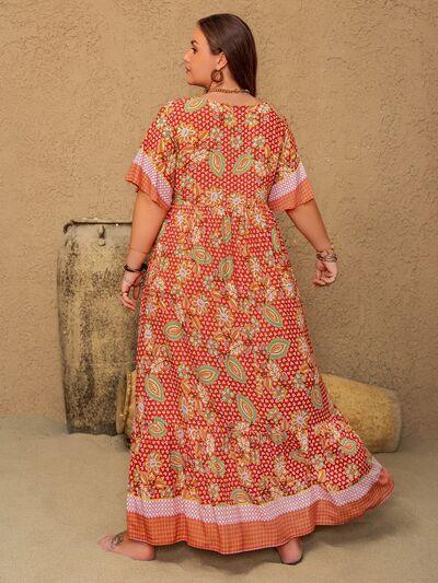 Plus Size Printed Tie Neck Flutter Sleeve Maxi Dress