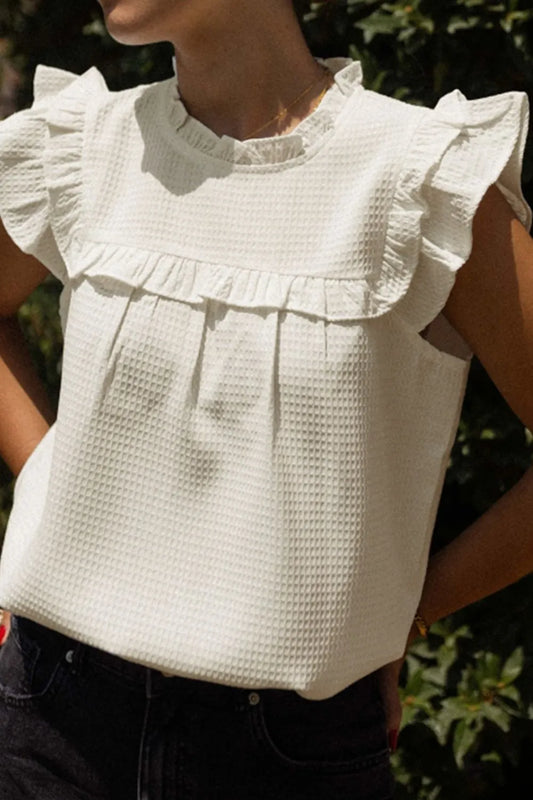 Solid Color Ruffle Trim Waffle Knit Blouse