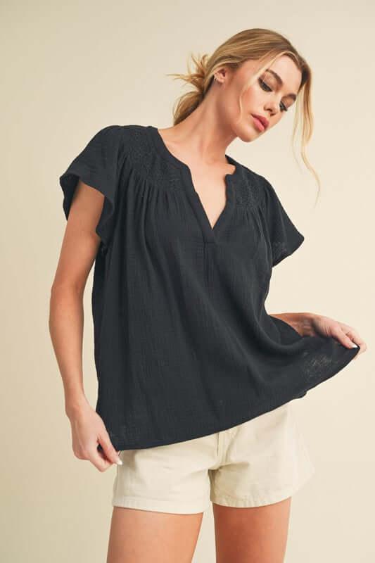 Aemi + Co Embroidered Trim Side Slit Notched Short Sleeve Blouse