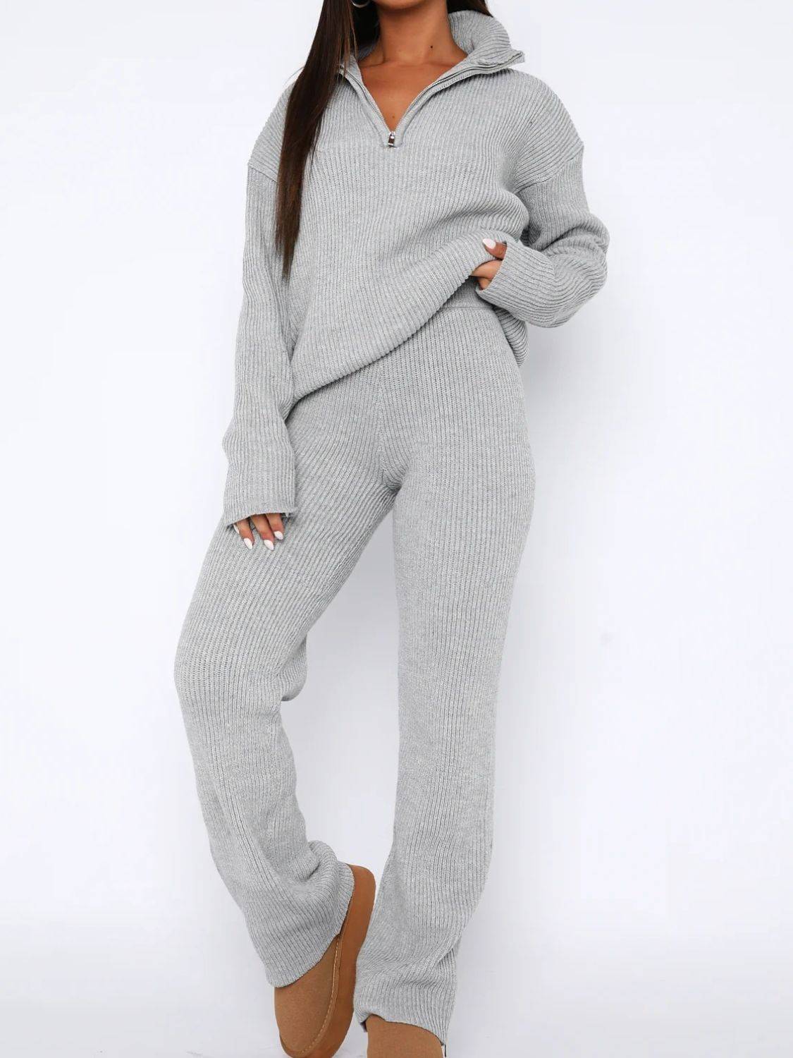 Quarter Zip Long Sleeve Top and Pants Set - Clothes For Her Online Store