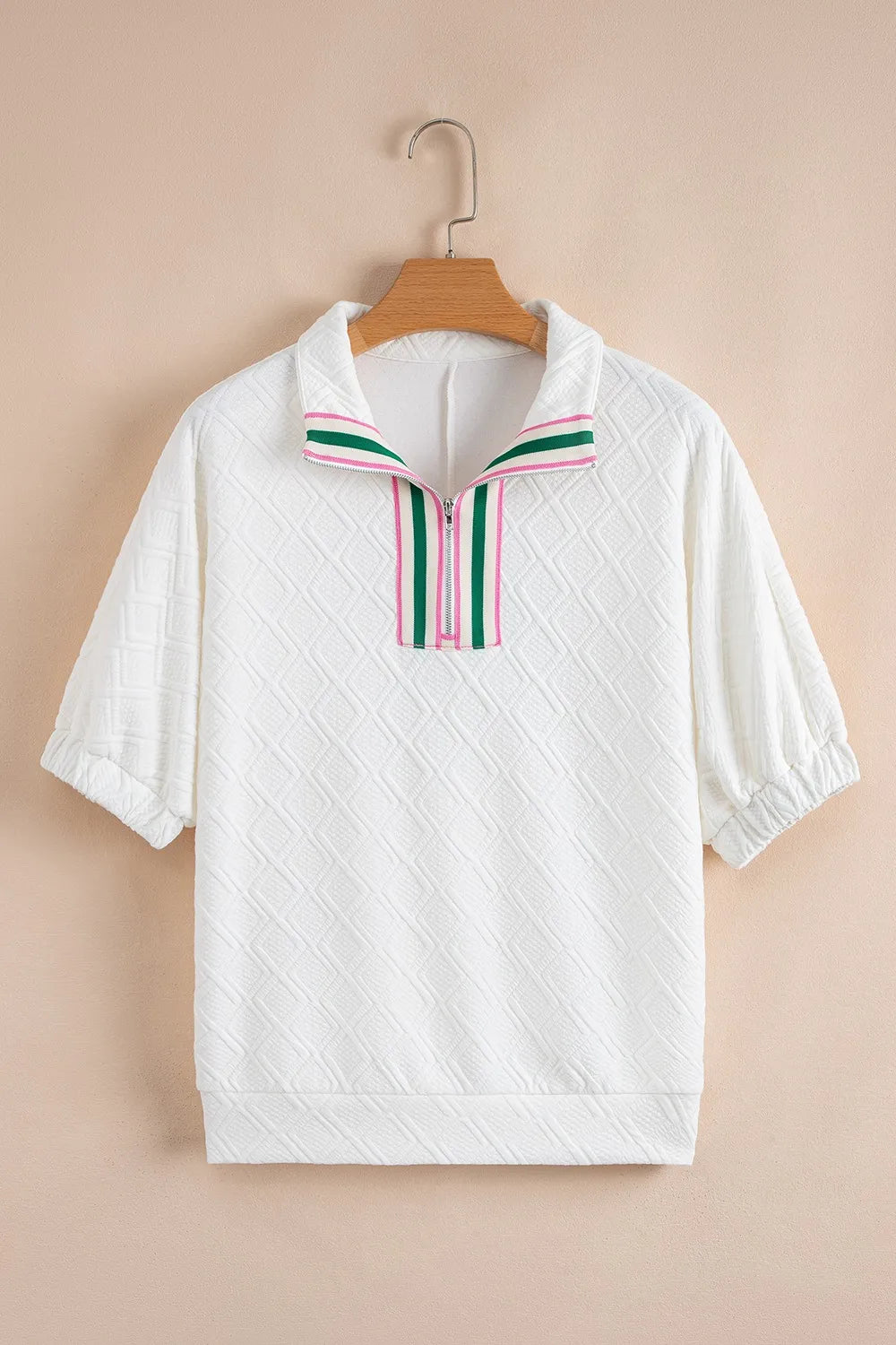 Contrast Striped Collar Patchwork Textured Half Sleeve Blouse