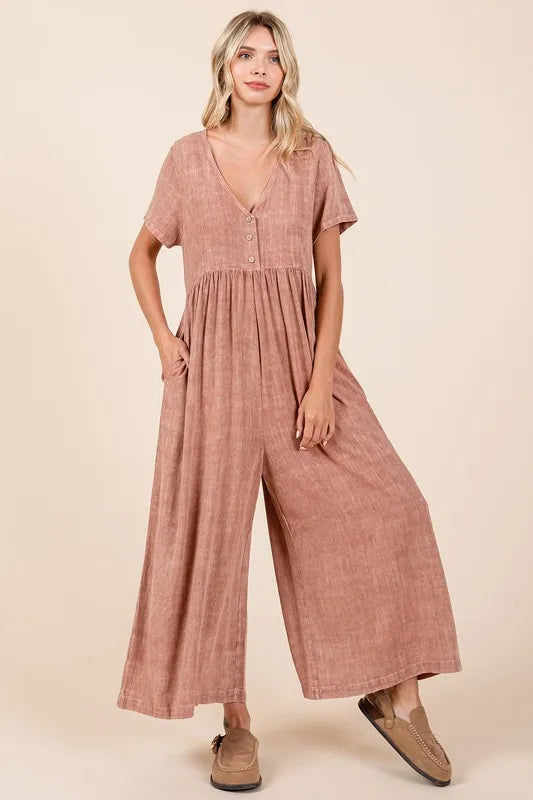 Mittoshop Mineral Wash Short Sleeve Flowy Wide Leg Jumpsuit - Clothes For Her Online Store