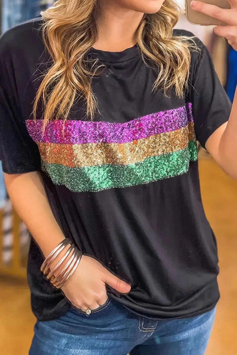 Sequin Stripes Crew Neck T Shirt - Clothes For Her Online Store