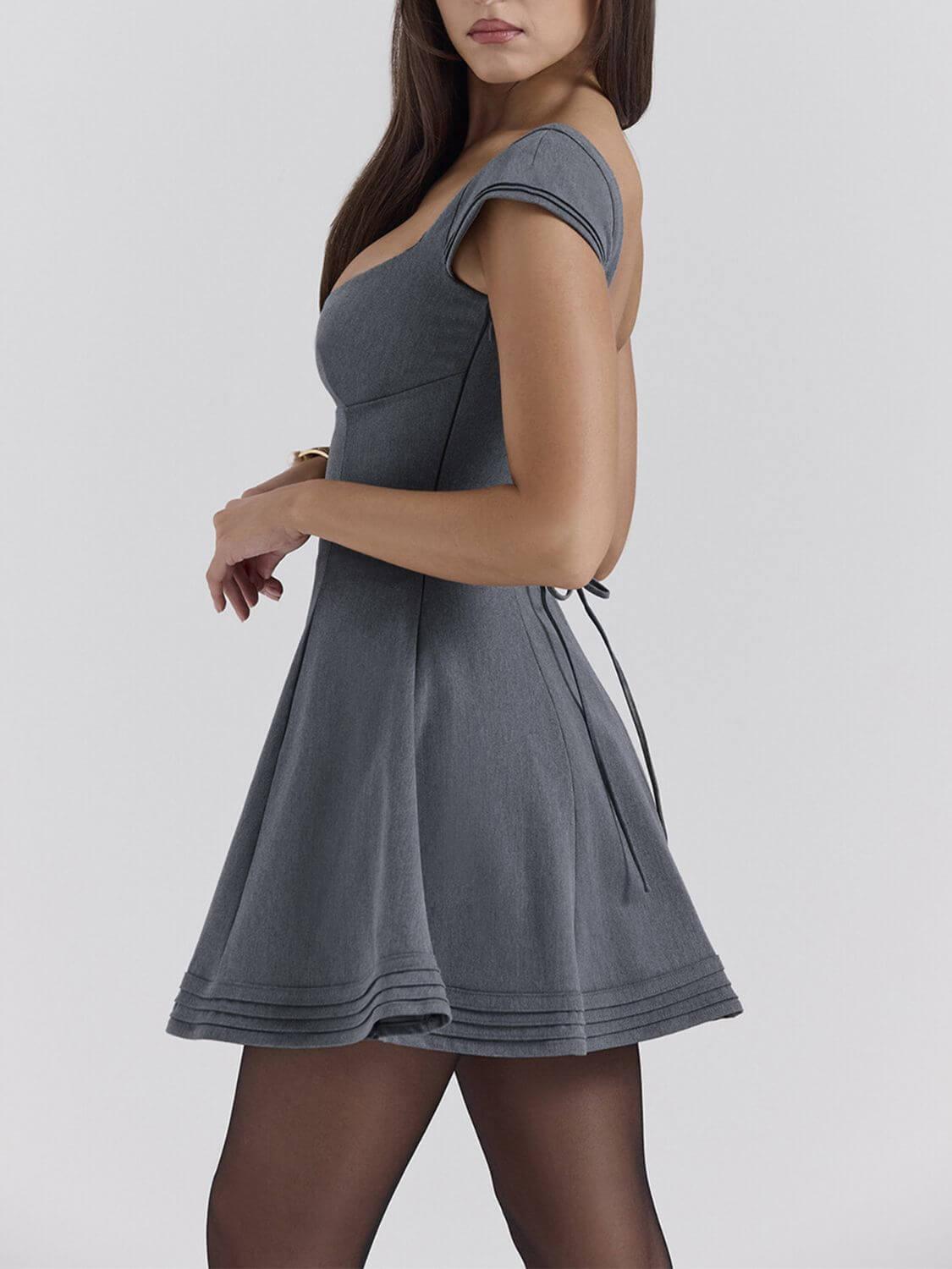 Devine Lace-Up Sweetheart Neck Cap Sleeve Mini Dress