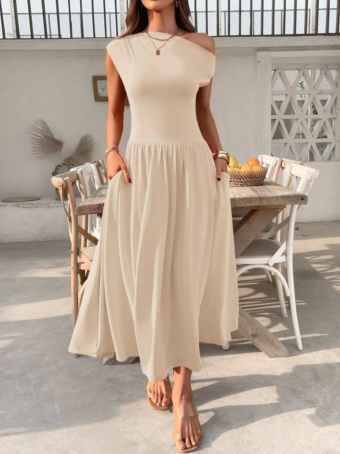 Single Shoulder Dress with Pockets
