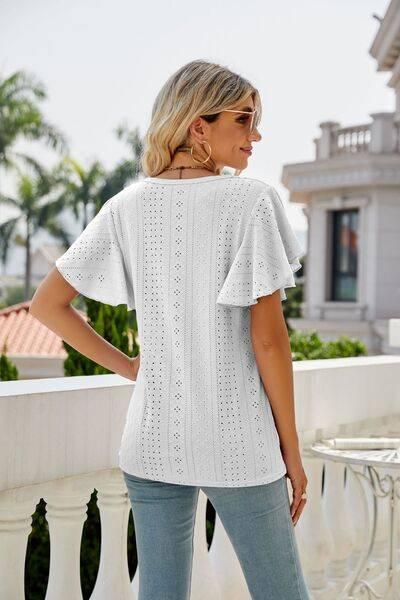 Mandy Eyelet Round Neck Flutter Sleeve Top