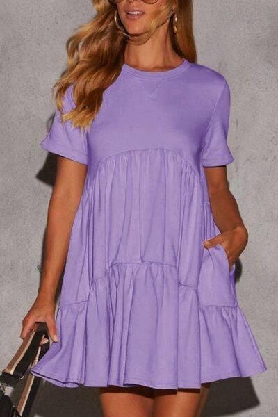 Tiered Round Neck Short Sleeve Mini Dress - Clothes For Her Online Store