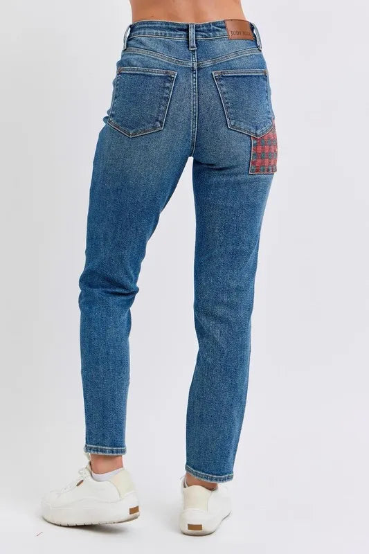 Judy Blue Full Size HW Plaid Patch Slim Fit Jeans Plus Size
