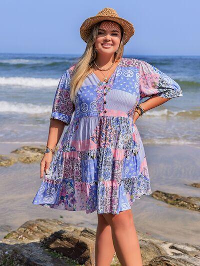Plus Size Printed V-Neck Tiered Mini Dress - Clothes For Her Online Store