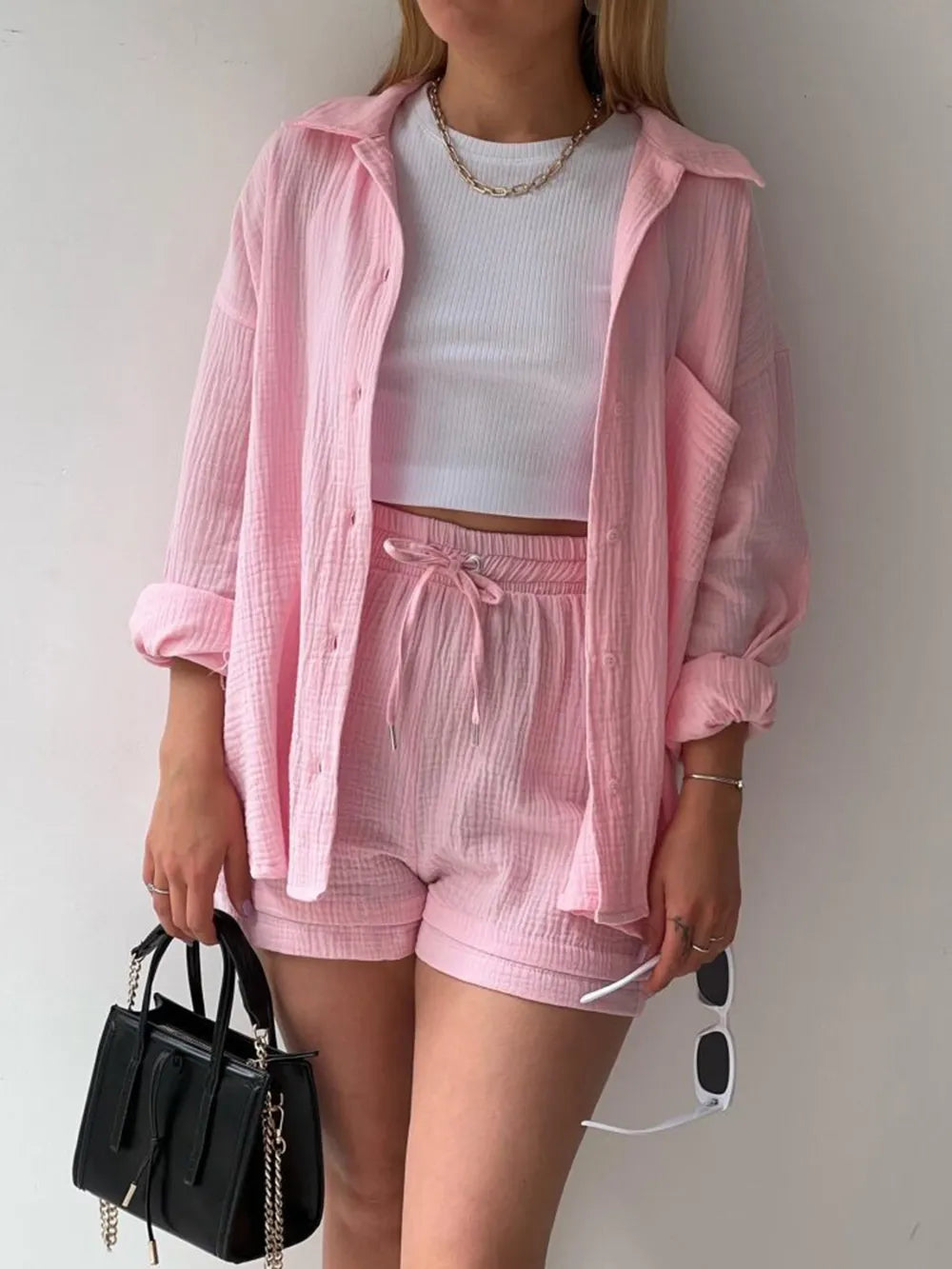 Texture Button Up Shirt and Drawstring Shorts Set - Clothes For Her Online Store